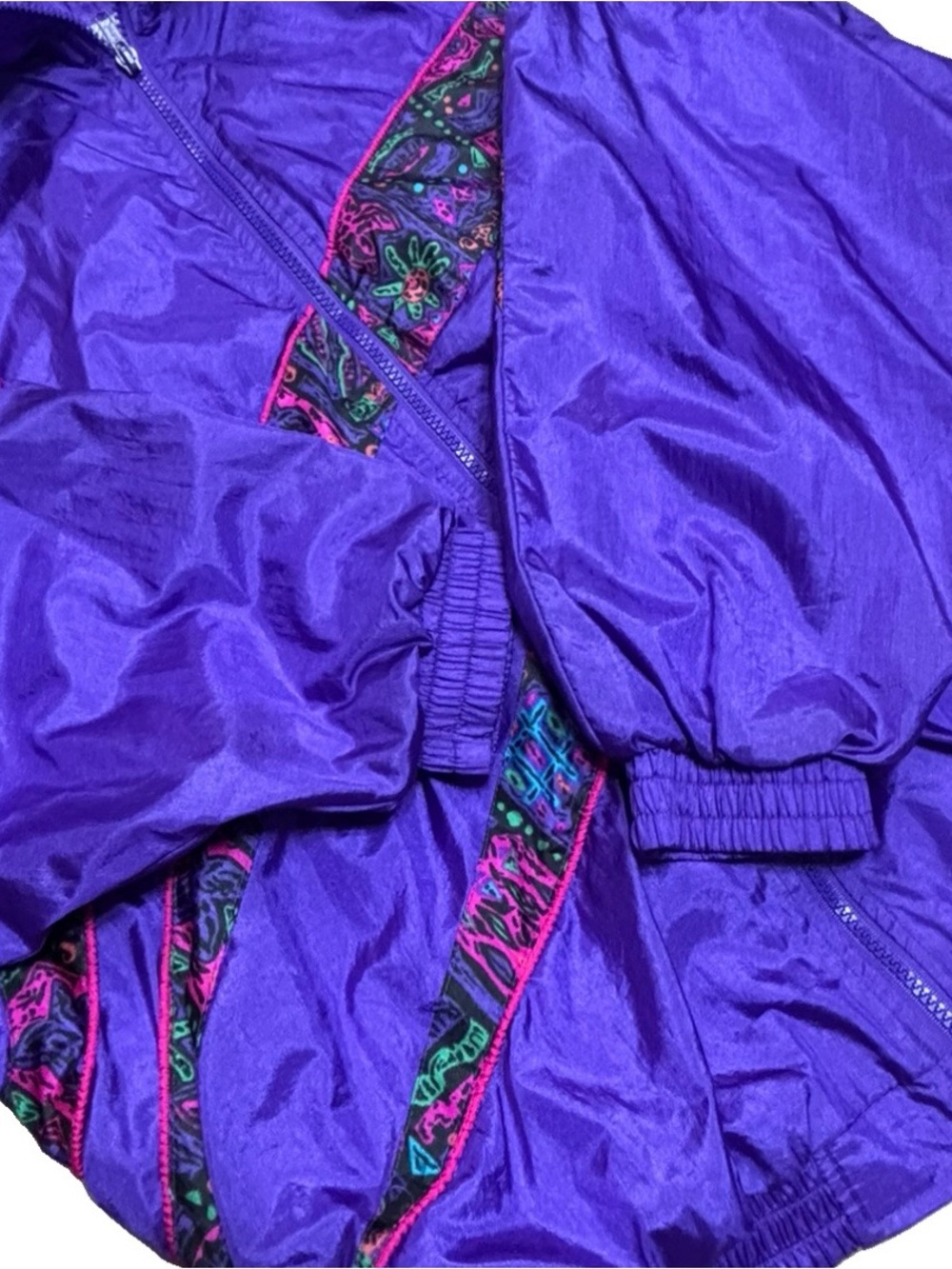 Vibrant Purple Women’s Retro Bomber Jacket with Patterned Panels - Picture 7 of 15